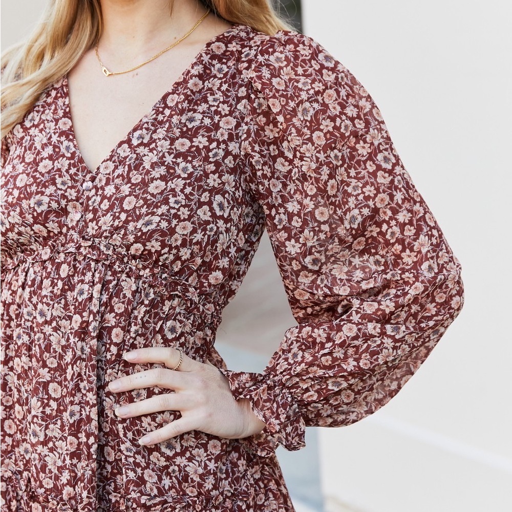 Mine and E&M Floral V-Neck Flounce Sleeve Dress